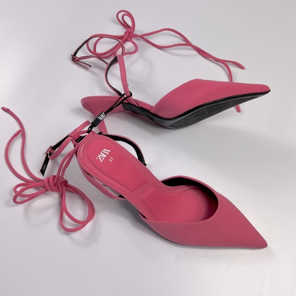 Zara Shoes - ZARA Pink Fabric Lace Up Strappy Pointed Toe Heel Slingback Sandals 6.5 (37) NWT